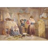 E...C...Goodall (19th-20th Century) British. An Interior Scene with Children feeding Rabbits,