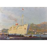 20th Century Russian School. A Russian Boat in Harbour, Oil on Board, Signed in Cyrillic and