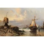 Attributed to James Webb (c.1825-1895) British. A Coastal Scene with Figures and Boats, Oil on