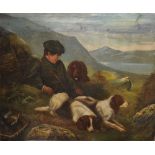 19th Century English School. A Highland River Landscape with a Young Boy and His Dogs, Oil on