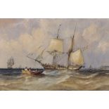 19th Century English School. A Two Mast Ship at Sea off the Coast, with Figures in a Rowing Boat,