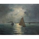 James Ashton (1859-1935) Australian. A Moonlit Coastal Scene with a Sailing Boat and Paddle