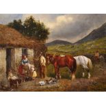Allesandro Castelli 1809-1902) Italian. Peasants by a Cottage with Horses and Chickens, Oil on