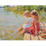 Yuri Krotov (1964- ) Russian. "Two Girls near the Water", Oil on Canvas, Signed, and Inscribed in