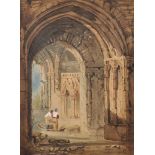 Circle of John Skinner Prout (1806-1876) British. Figures in a Ruined Abbey, Watercolour, 11" x