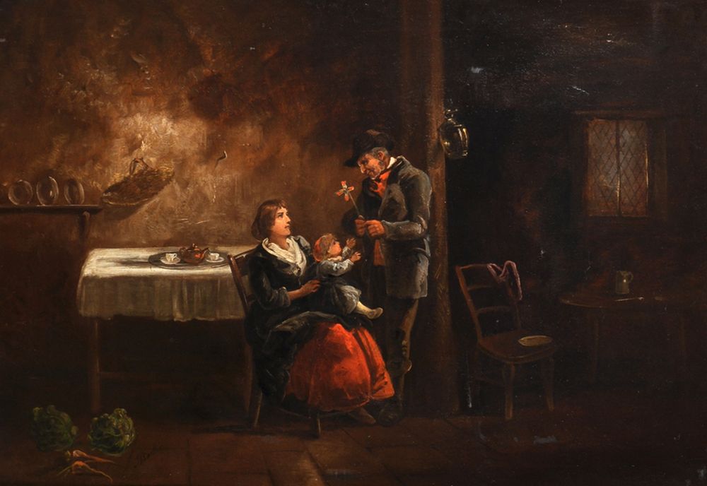 John Joseph Barker of Bath (1824-1904) British. An Interior with a Mother and Child and a Man