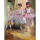 Konstantin Razumov (1974 ) Russian. "At the Ballet Lesson", Three Girls in Tutus, Oil on Canvas,