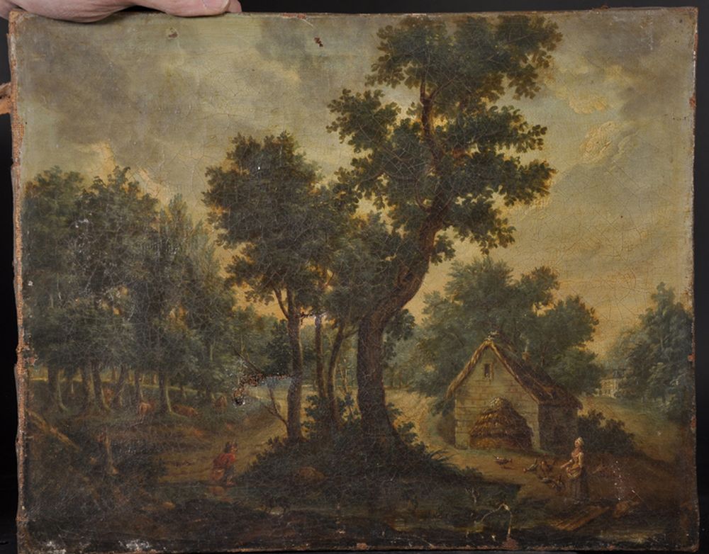 19th Century Dutch School. A River Landscape with a Girl Feeding Chickens with a Figure and Cattle - Image 2 of 3