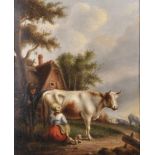 19th Century Dutch School. A Farmer Talking to a Milkmaid Milking a Cow, Oil on Board, 11.5" x 9.