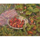 Klara Vlassova (b.1926) Russian. "Still Life with Strawberries", Oil on Canvas, Signed and Inscribed