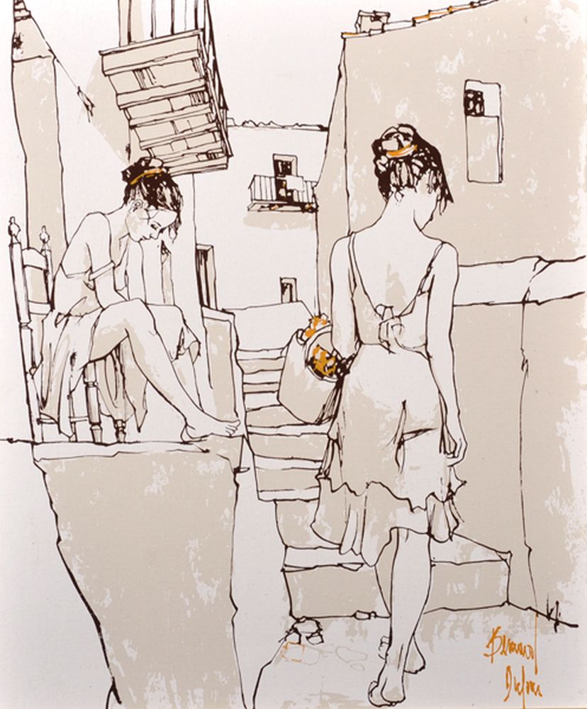 Bernard Dufour (1922-2016) French. Study of Two Girls in a Backstreet, Oil on Artist's Board,