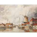 Louis Van Staaten (1836-1909) Dutch. A Harbour Scene with Boats and a Windmill Beyond,