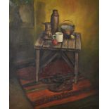 Rina Sutzkever (1945 ) Russian/Israeli. Still Life of Brass Vessels and a Mug on a Table, with Boots