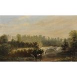 19th Century English School. A River Landscape with Cattle, with a Castle in the Distance, Oil on