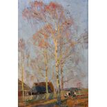 20th Century Russian School. Study of Tall Trees by a Farmstead, Oil on Canvas, Signed in Cyrillic