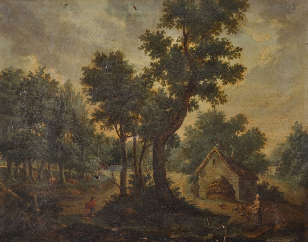 19th Century Dutch School. A River Landscape with a Girl Feeding Chickens with a Figure and Cattle