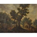 19th Century Dutch School. A River Landscape with a Girl Feeding Chickens with a Figure and Cattle