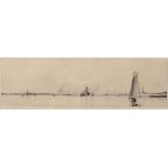 Harold Wyllie (1883-1973) British. Sailing Boat and other Shipping off a Coast, Etching, Signed in