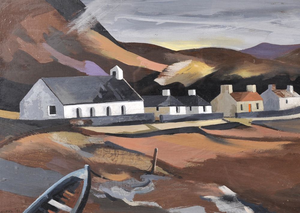 Peter Barton (1921 ) British. "Highland Village", A Scottish Hamlet in a Mountainous Landscape