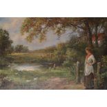 Stanley Leighton (19th-20th Century) British. A Woman standing by a Pond with Ducks, Oil on