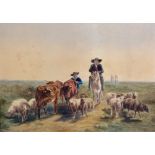 19th Century Dutch School. A Landscape, with Drovers and Cattle, Watercolour, 12.5" x 18".