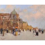 Ken Moroney (1949 ) British. "The Promenade", Oil on Board, Signed, 7.5" x 9.5".