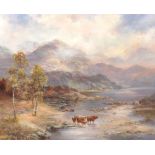 Prudence Turner (1930-2007) British. "Hazy Sunset", A Mountainous River Landscape with Cattle