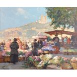 Henri Alphonse Barnion (1882-1940) French. "The Flower Market, South of France", with Figures in the