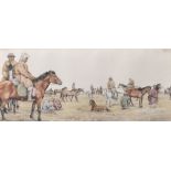 Peter Barrett (1935 ) British. Mongolian Figures and Horses near a Camp, Watercolour, Signed and