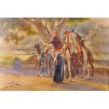 Henri Tanoux (20th Century) European. Camel Riders stopping for Water, Oil on Canvas, Signed and