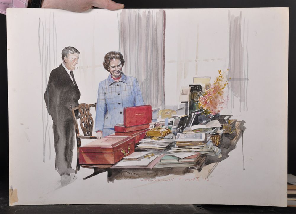 Michael Frith (1951 ) British. A Sketch of the Queen meeting her Private Secretary, Watercolour, - Image 2 of 4