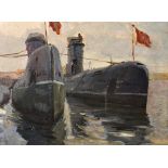 B...K...(20th Century) Russian. Two Submarines docked, with Russian Flags, Oil on Canvas, Signed