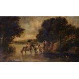 J...Thorn (19th Century) British. River Landscape with a Young Boy leading a Horse and Cart with Two