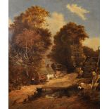 19th Century English School. A Country Landscape with Figures by Thatched Cottages and Cattle