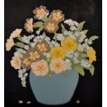 John Hall Thorpe (1874-1947) Australian. Primulas and Forget-me-Nots in a Blue Vase, Woodblock