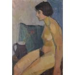 Jacques Zadig (1930 ) Swedish. Nude Woman Sitting by a Jug with a Flower, Oil on Canvas, Signed