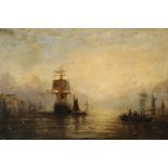 William Adolphus Knell (1805-1875) British. Shipping Scene at Dusk, Oil on Board, Signed, 8.75" x