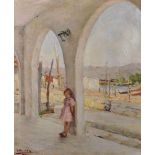 L...Boulia (20th Century) French. Study of a Young Girl Standing by an Archway, Oil on Canvas laid