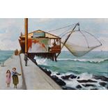 Early 20th Century English School. Fishing off a Jetty, Oil on Board, Indistinctly Signed, 7" x 10.