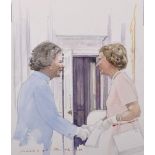 Michael Frith (1951 ) British. A Sketch of The Queen greeting Margaret Thatcher, Watercolour, Signed
