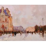 Ken Moroney (1949 ) British. "Paris in the Snow", Oil on Canvas, Signed, With Studio Stamp on