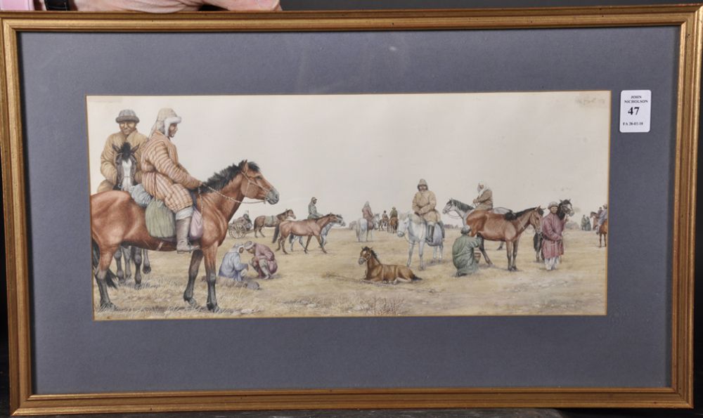 Peter Barrett (1935 ) British. Mongolian Figures and Horses near a Camp, Watercolour, Signed and - Image 2 of 4