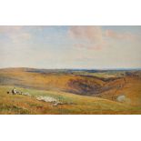 Robert Thorne Waite (1842-1935) British. "Sussex Downland Scene", with a Shepherd and Flock in the