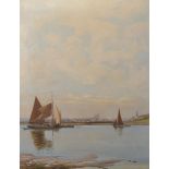 Henry Martin (1835-1908) British. A River Landscape, with Sailing Vessels and with a Cathedral