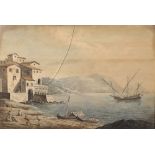 Late 18th Century English School. A Mediterranean Coastal Scene with Figures Hauling in a Boat,