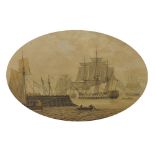 18th Century English School. A Man O' War in a Harbour, with Figures in a Dinghy in the