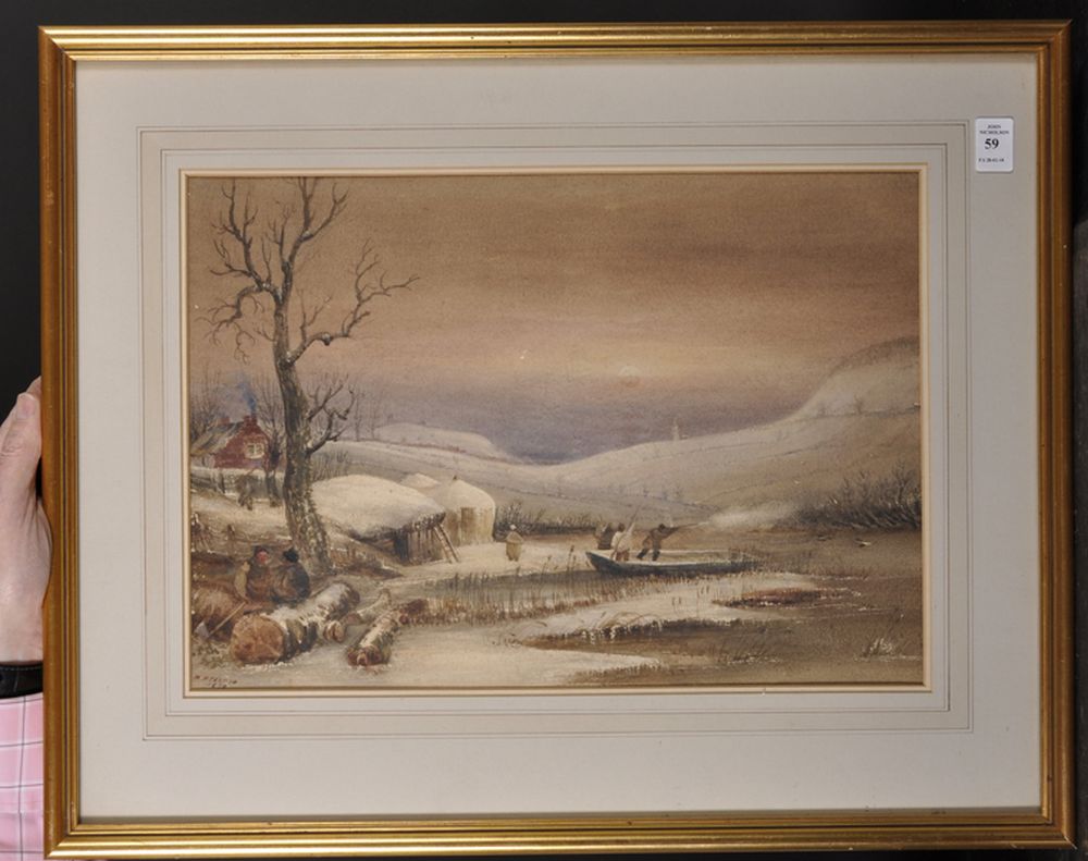 Henry Barlow Carter (1803-1867) British. Duck Flighting in a Winter Landscape, Watercolour, Signed - Image 2 of 4