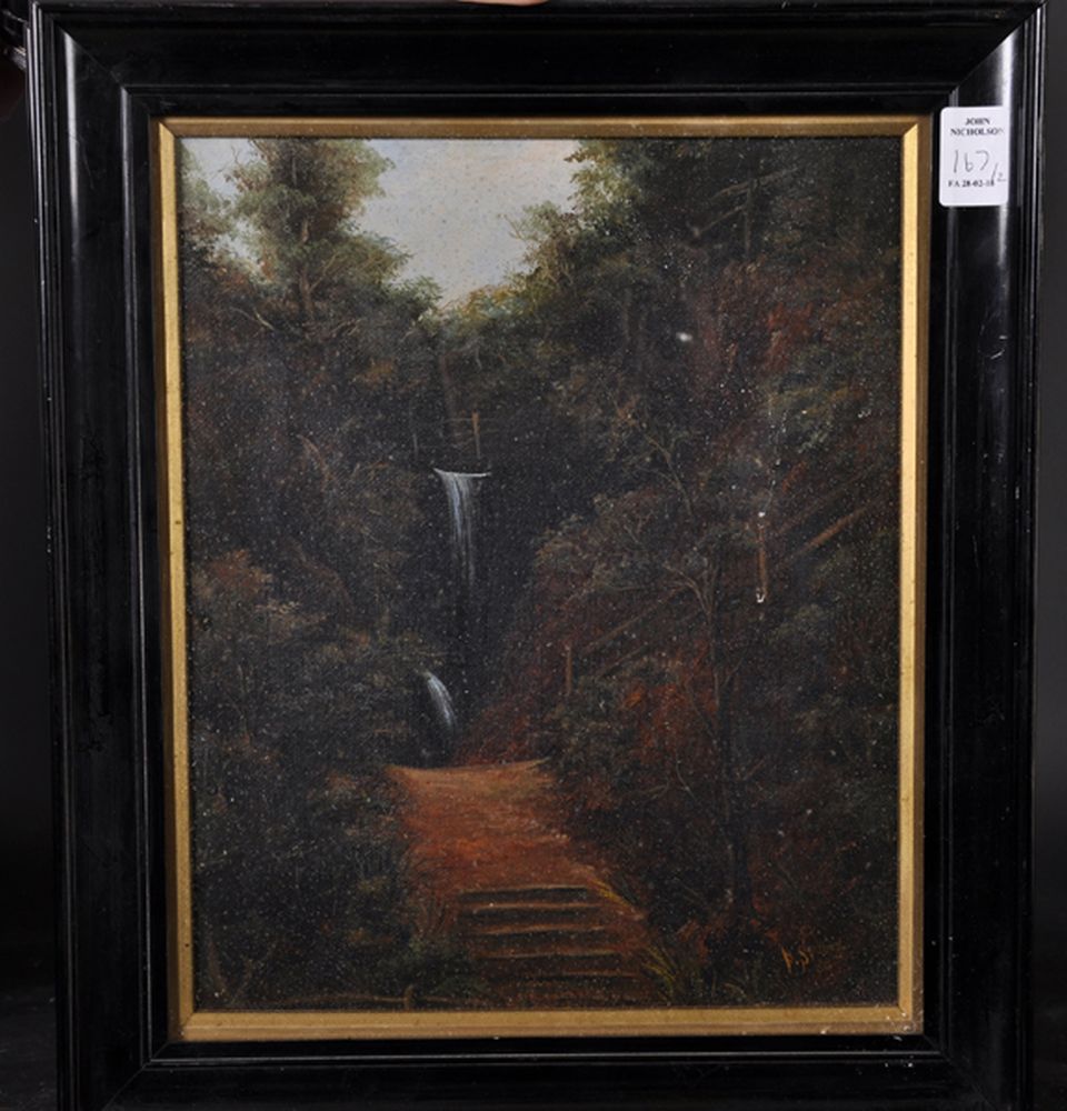 F... Spelling (19th/20th Century) British. Steps down a Woodland Path, with a Waterfall beyond, - Image 3 of 4