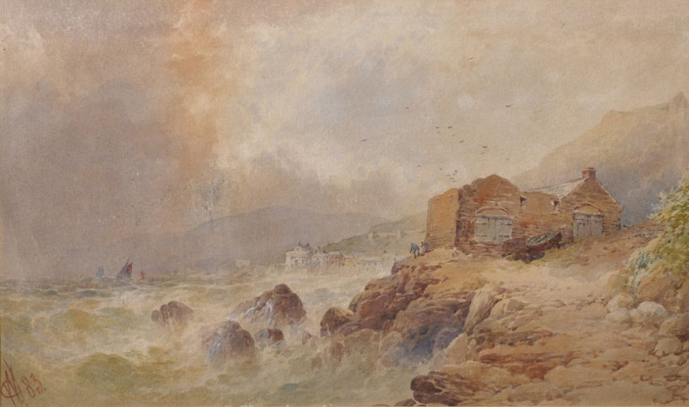 William Cook of Plymouth (act.1870-1890) British. A Stormy Coastal Scene, with Figures by Ruins,