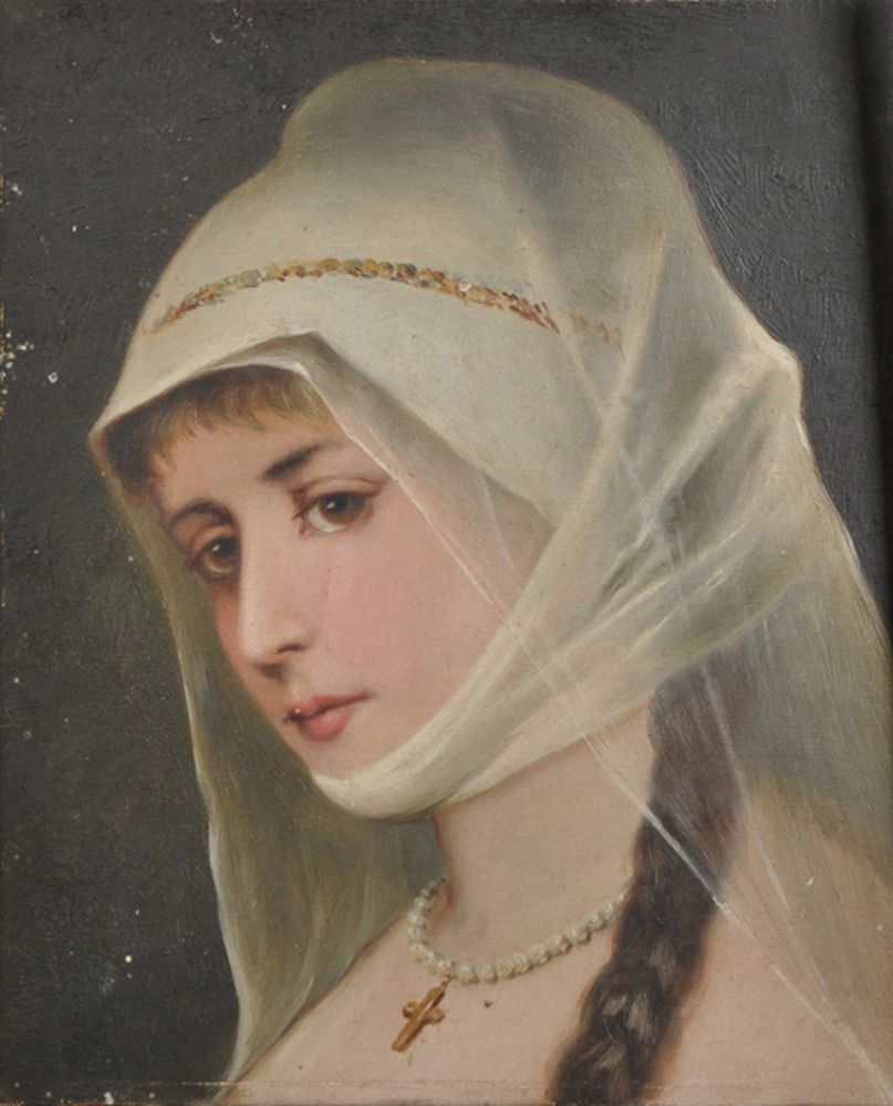 C... H... Round (19th - 20th Century) British. "A Devotee", Head of a Young Girl, Oil on Canvas,